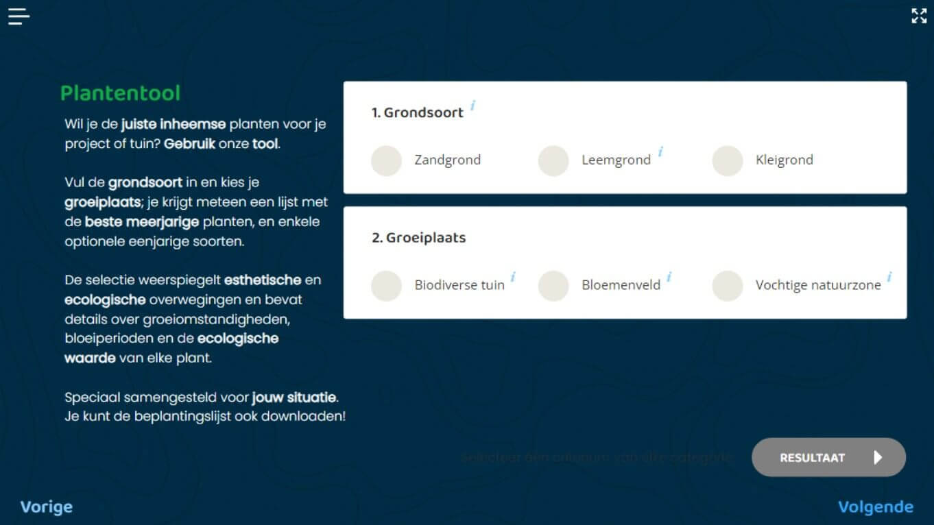 Digitale plantenwijzer voor het kiezen van bloeiende planten per grondsoort en groeiplaats.