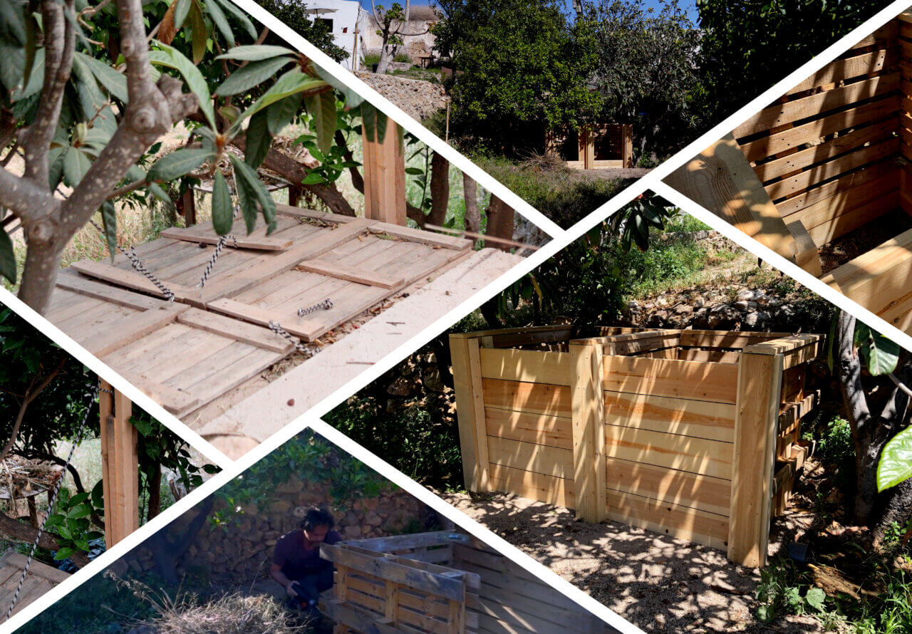 Compostsysteem in een voedselbostuin in Andalusië voor het sluiten van kringlopen en het herstellen en verbeteren van de bodem.