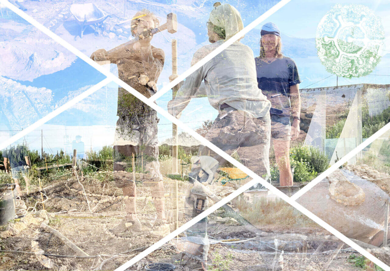 Mandala garden met keyhole-bedden en plantengildes als voorbeeld van ecologisch tuinontwerp en voedselproductie.